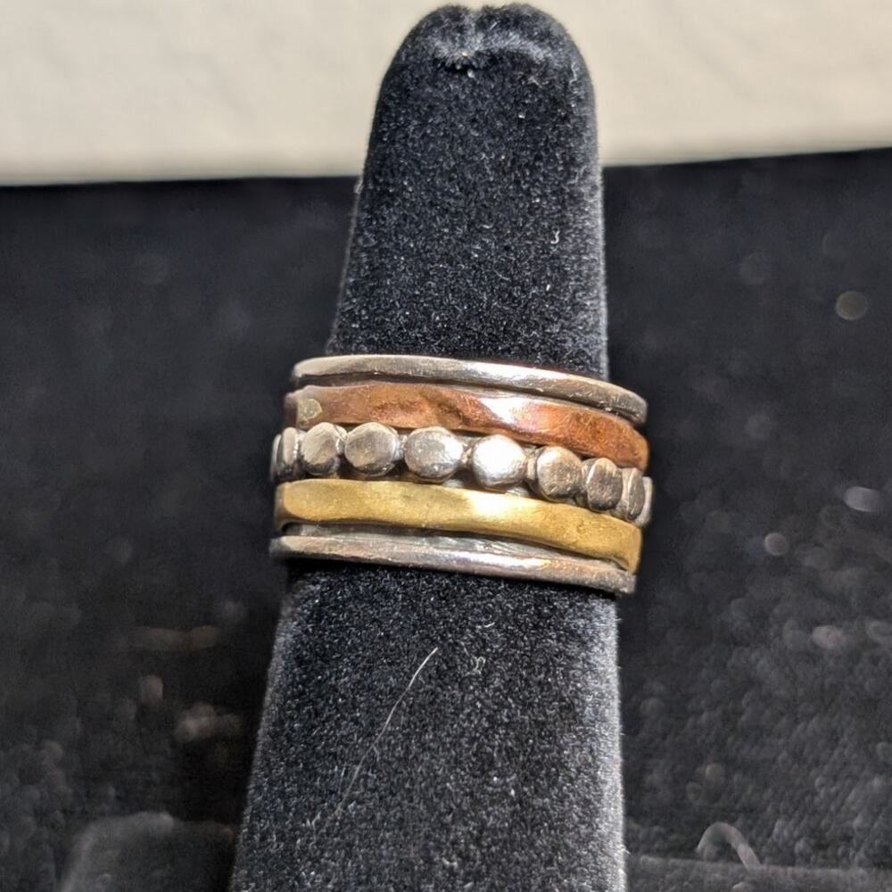 Hand Crafted Sterling Silver Brass Copper Wide Band Spinner Ring Size 6.25